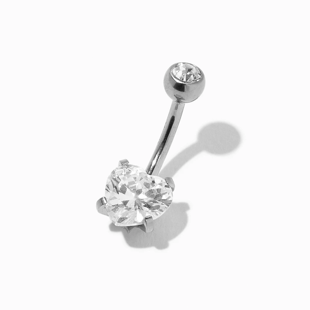 Silver-tone Titanium Heart Crystal 14G Belly Bar