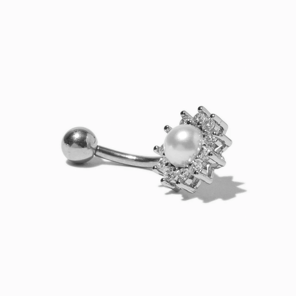 Silver-tone Stainless Steel Cubic Zirconia Pearl Flower 14G Belly Ring