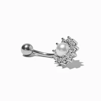 Silver-tone Stainless Steel Cubic Zirconia Flower Pearl 14G Belly Bar