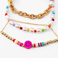 Gold Beaded Happy Face Bracelet Set - 3 Pack