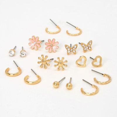 Gold Hoops, Daisies, & Stud Earrings - 9 Pack