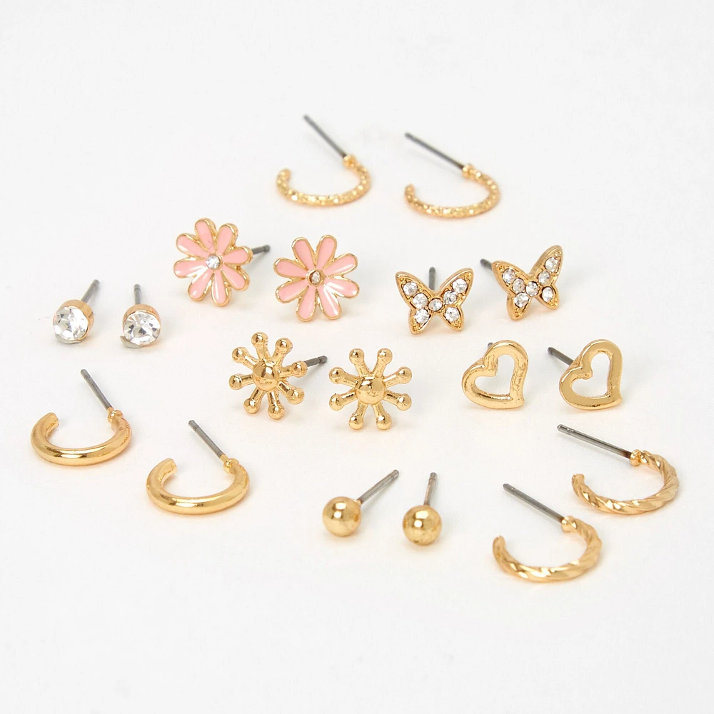 Gold-tone Daisies Mixed Earrings Set - 9 Pack