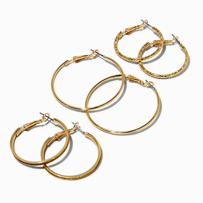 Gold-tone Graduated Textured Hoop Earrings - 3 Pack