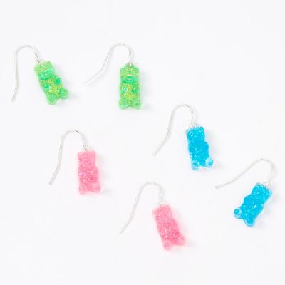 Silver 0.5" Gummy Bear Drop Earrings - 3 Pack