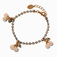 Gold-tone Crystal Cup Chain Pearlized Cherry Charm Bracelet