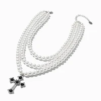 Pearl & Silver-tone Cross Pendant Multi-Strand Necklace