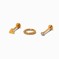 Gold-tone Titanium Cubic Zirconia 18G Stud & Hoop Threadless Tragus Earrings - 3 Pack