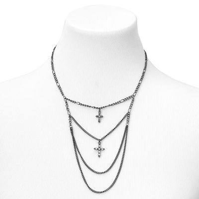 Embellished Crosses Hematite Multi Strand Pendant Necklace