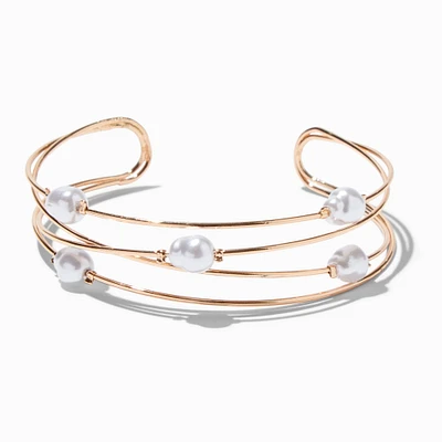 Gold-tone Pearl Station Wire Cuff Bracelet