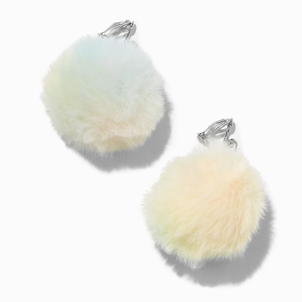 Silver 1.5" Pom Pom Clip On Drop Earrings - Rainbow