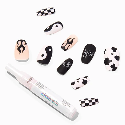 Black & White Yin Yang Coffin Vegan Faux Nail Set - 24 Pack