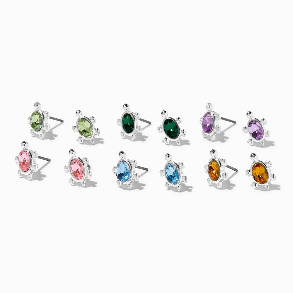 Silver Crystal Turtle Stud Earrings - 6 Pack