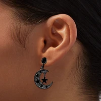 Black Crescent Moon Star 1" Clip-On Drop Earrings