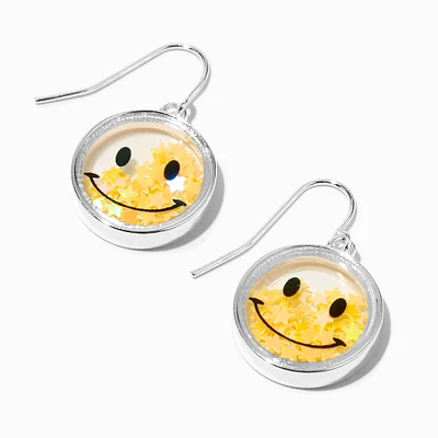 Silver Happy Face Confetti Shaker 1" Drop Earrings