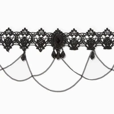 Black Gemstone & Chains Lace Choker Necklace