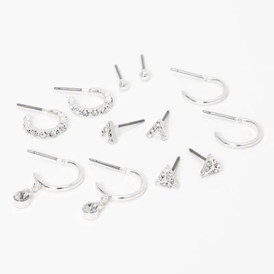 Silver Embellished Geometric Stud & Hoop Earrings - 6 Pack