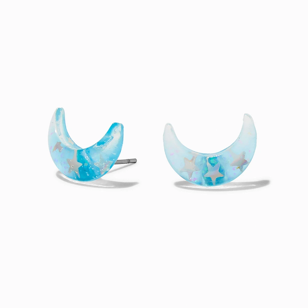 Blue Half Moon Stud Earrings