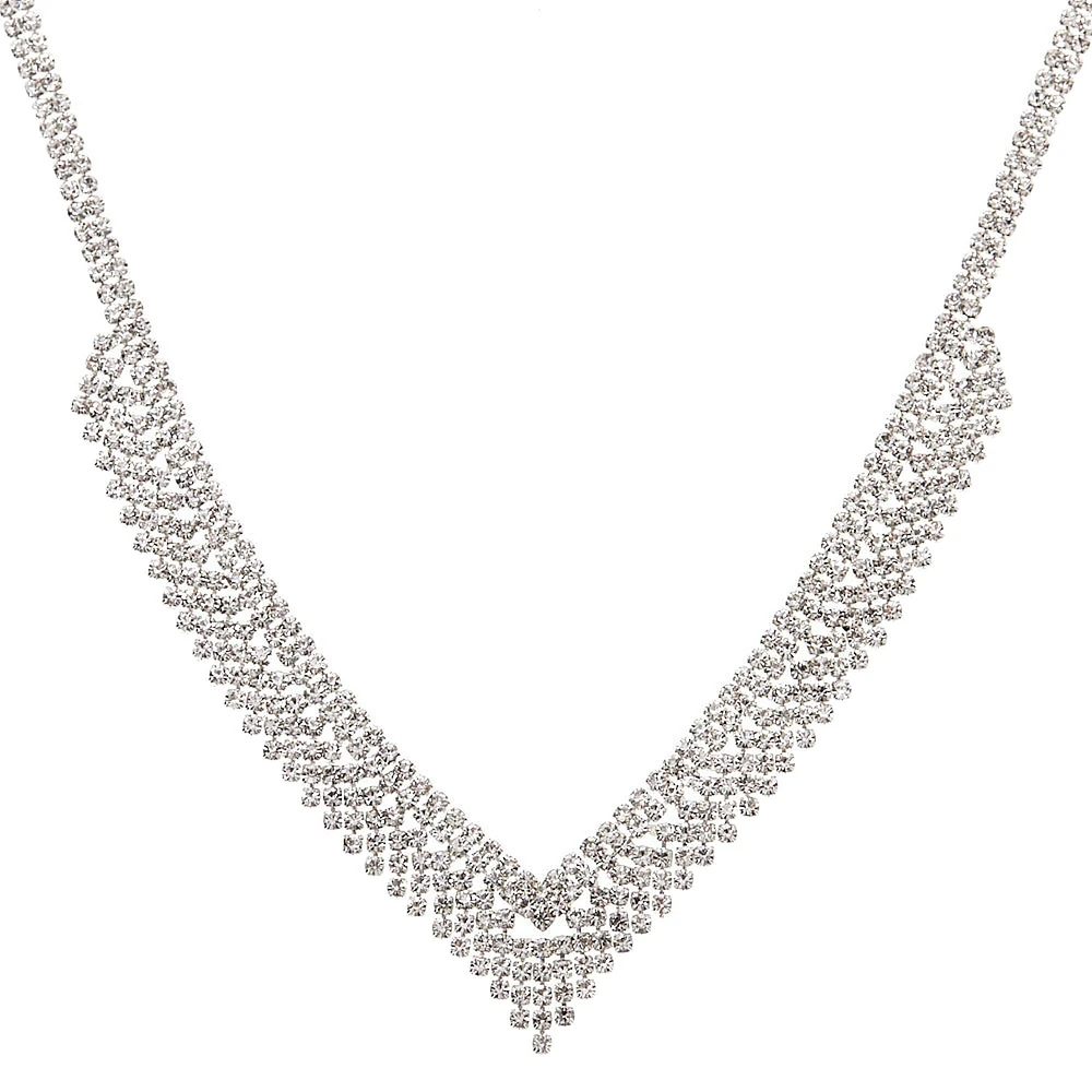 Silver Rhinestone Chevron Statement Necklace