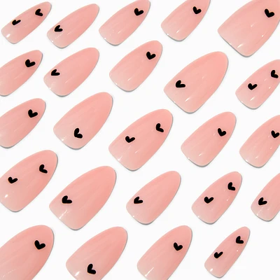 Black Heart Pink Long Almond Vegan Faux Nail Set - 24 Pack