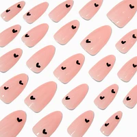 Black Heart Pink Long Almond Vegan Faux Nail Set - 24 Pack