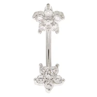 Silver-tone Stainless Steel Cubic Zirconia Double Flower 14G Belly Bar