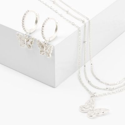 Silver Cubic Zirconia Textured Butterfly Jewelry Set - 2 Pack