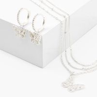 Silver-tone Cubic Zirconia Textured Butterfly Jewelry Set - 2 Pack