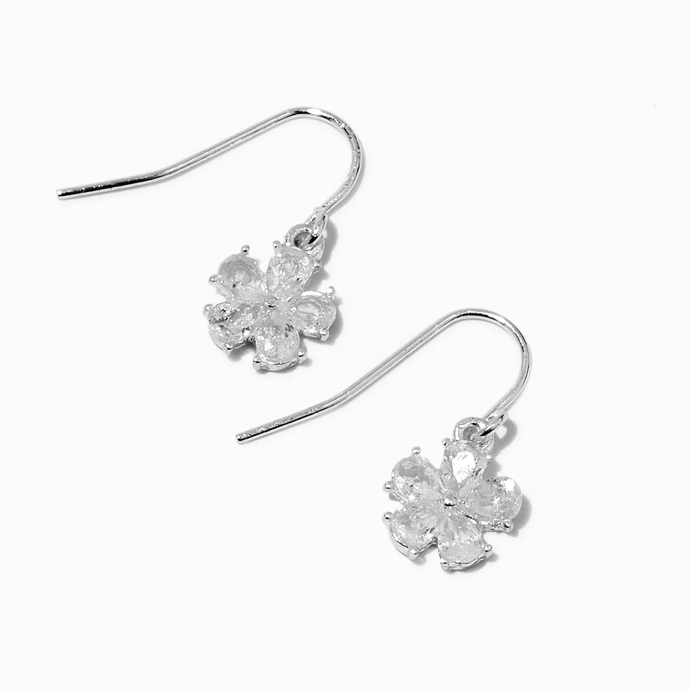 Silver-tone Cubic Zirconia Daisy 0.5" Drop Earrings