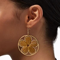 Gold-tone Raffia Flower Disc 3" Drop Earrings