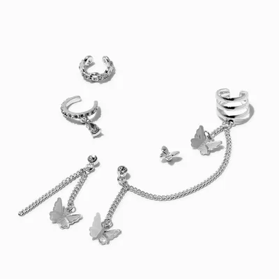 Silver-tone Butterfly Connector Cuff Earrings Stackables - 5 Pack
