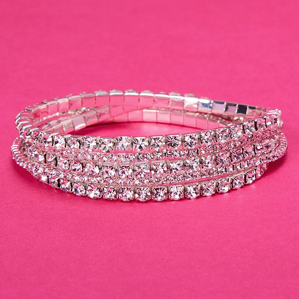 Silver Rhinestone Stretch Bracelets - 5 Pack