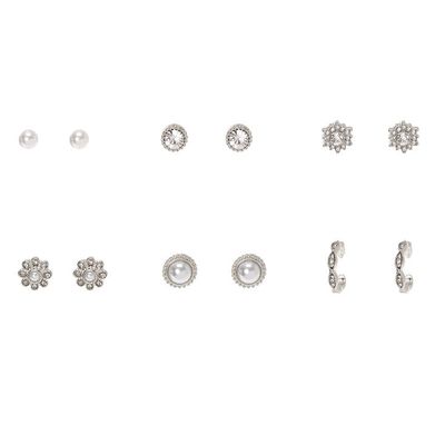 Silver Faux Pearl Fancy Stud Earrings - 6 Pack
