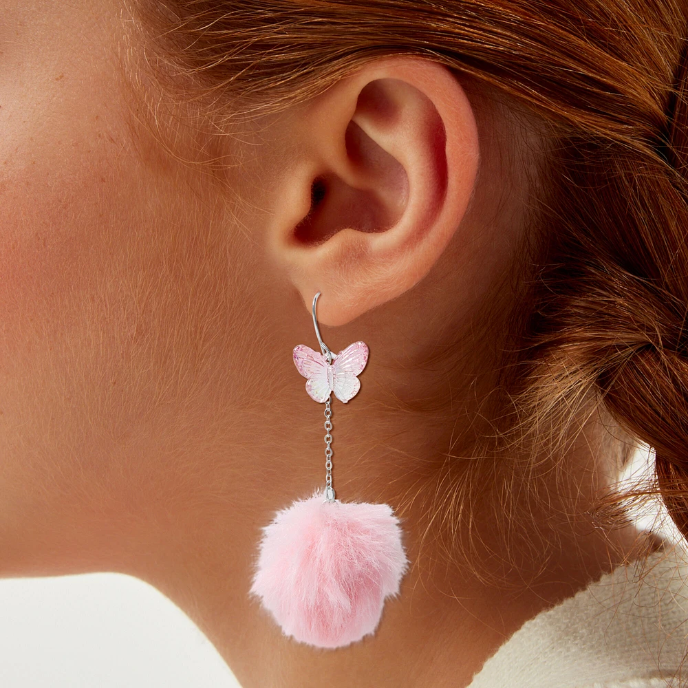 Pink Butterfly Pom Pom 3'' Drop Earrings