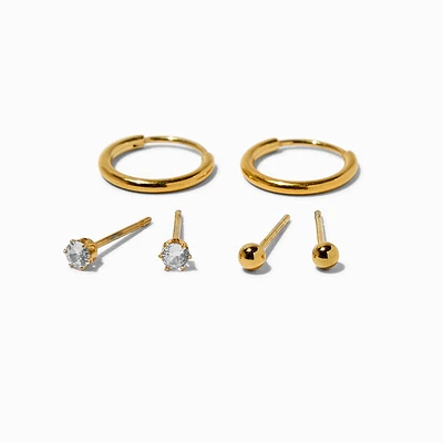 Gold-tone Stainless Steel Cubic Zirconia Earrings Set - 3 Pack
