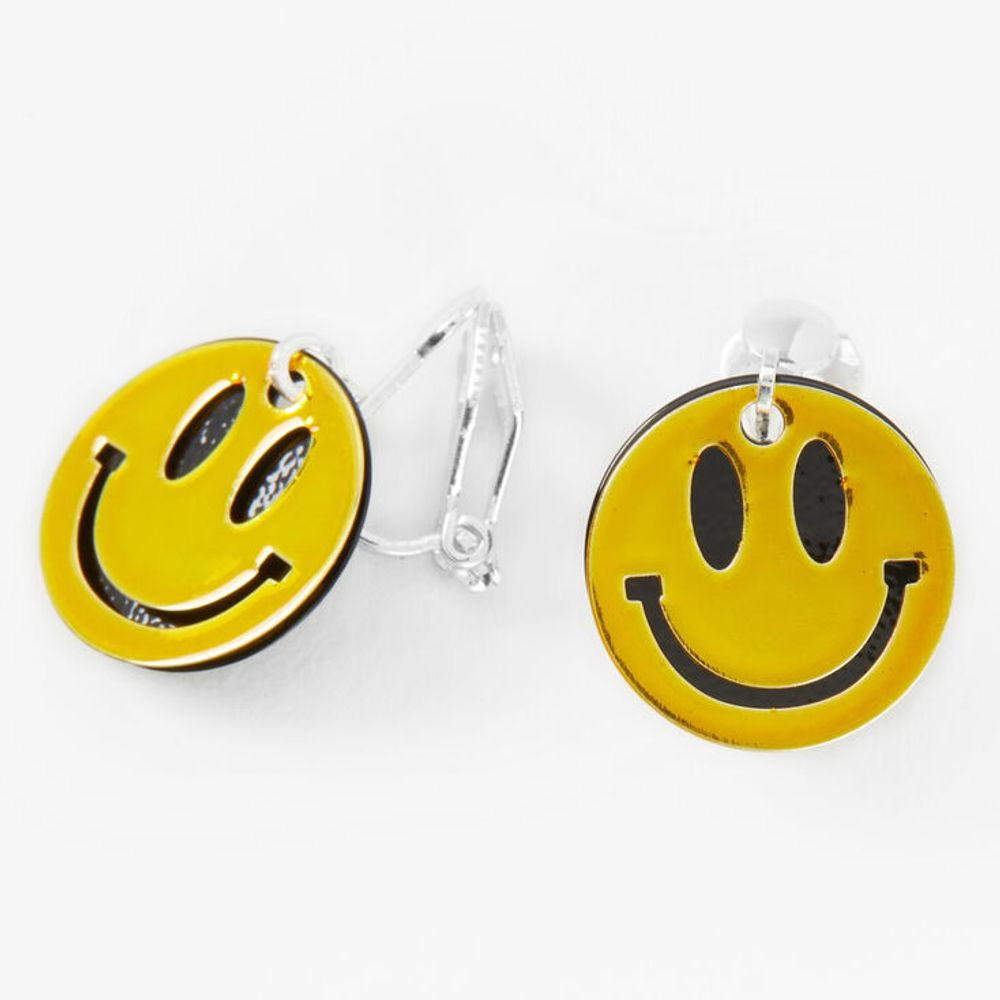 Silver  and Yellow 1'' Happy Face Clip On Drop Earrings
