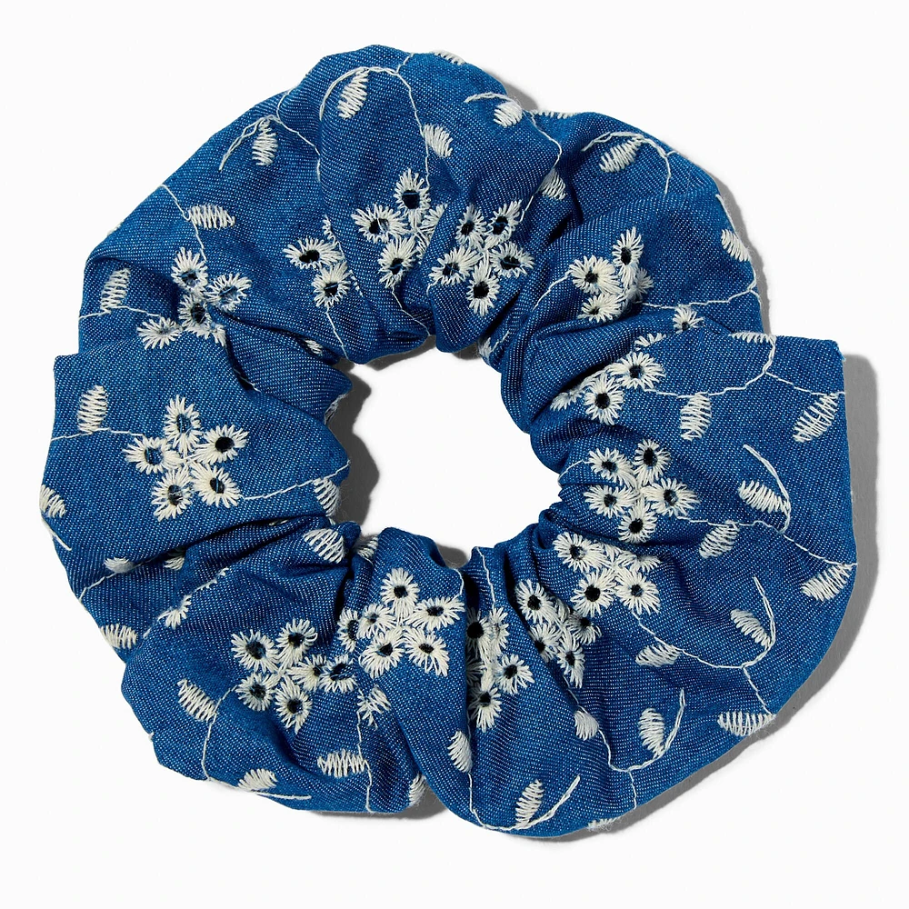 Embroidered Floral Denim Hair Scrunchie