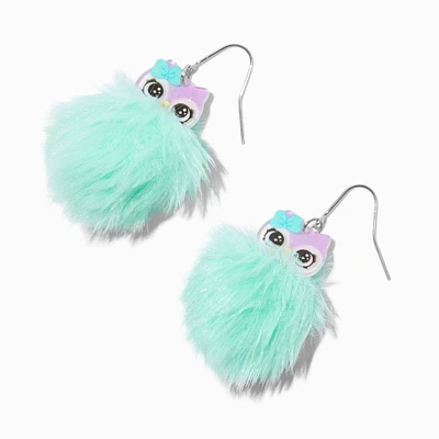 Green Owl Pom Pom 1.5" Drop Earrings