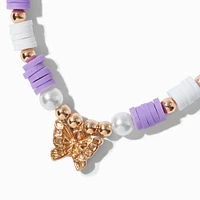 Gold-tone Butterfly Purple Beaded Adjustable Bracelet