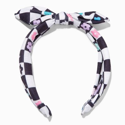 Floral Checkerboard Knotted Bow Headband
