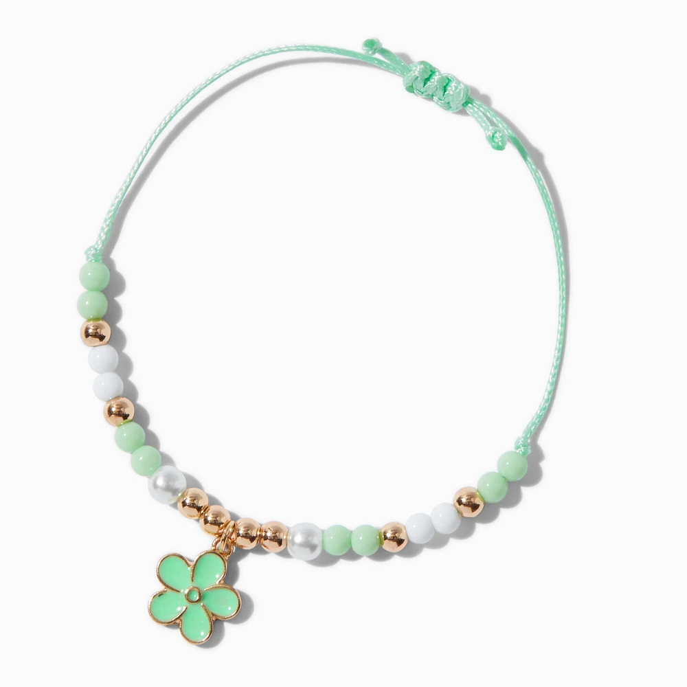 Gold-tone Flower Green Beaded Adjustable Bracelet