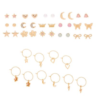 Gold Studs and Charm Hoop Earrings - 20 Pack