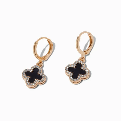 Gold-tone Pink & Black Crystal Clover 12mm Hoop Earrings