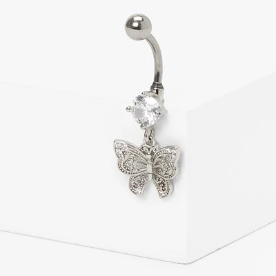 Silver-tone Stainless Steel Cubic Zirconia Butterfly Dangle 14G Belly Bar