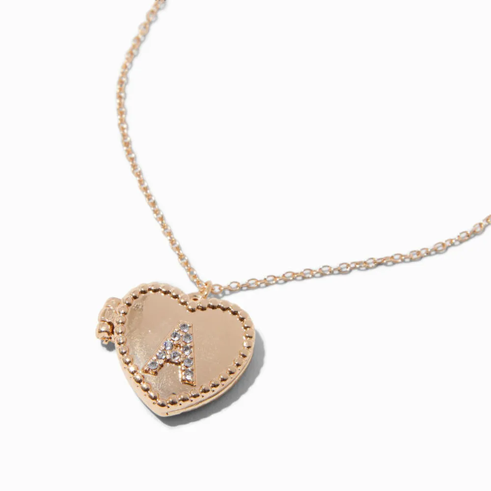 Gold-tone Heart Crystal Initial Locket Pendant Necklace - A