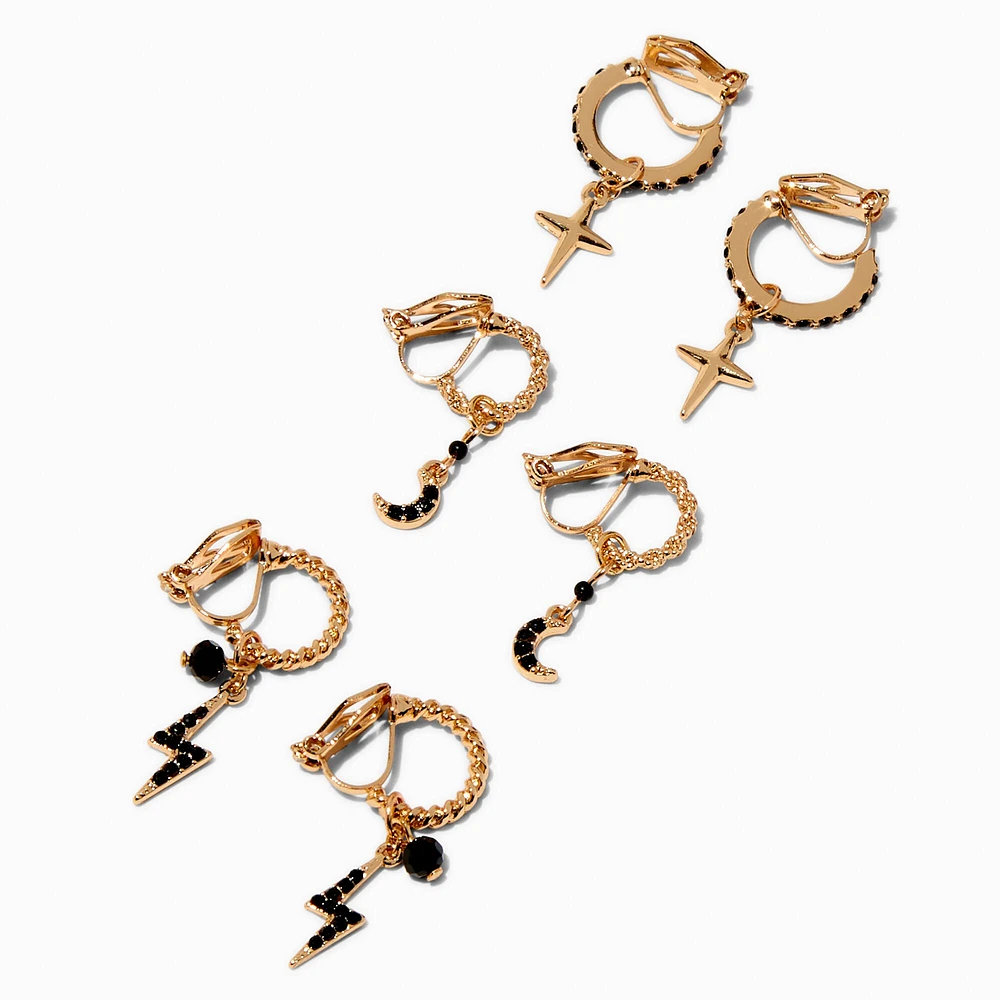 Black & Gold-tone Hoop Clip-On Earrings - 3 Pack