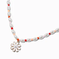 White Daisy Half Beaded & Gold-tone Paperclip Chain Pendant Necklace