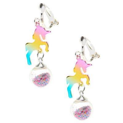1" Rainbow Unicorn Clip On Drop Earrings