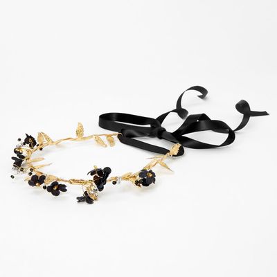 Gold Metallic Flower Crown Tie Headwrap - Black