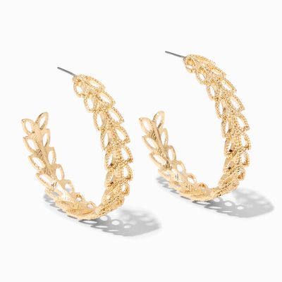 Gold 40MM Textured Leaf Hoop Earrings