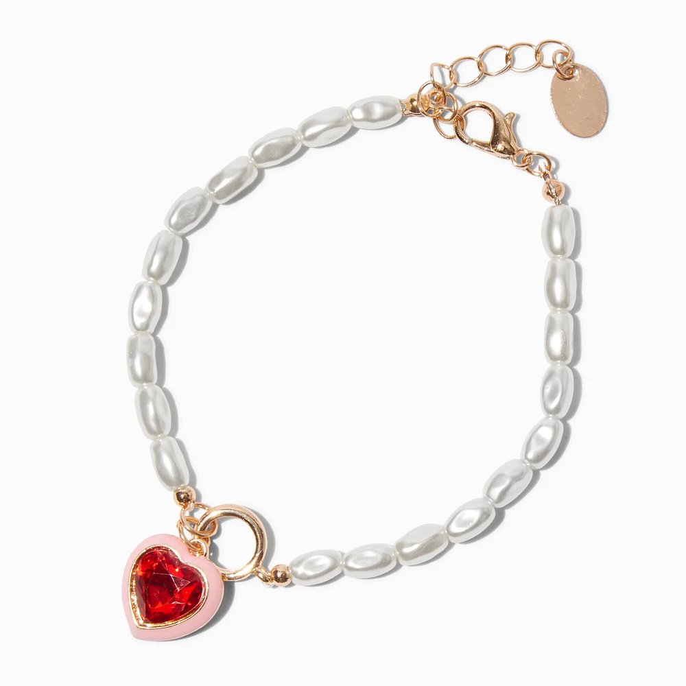 Pearl & Red Heart Charm Bracelet